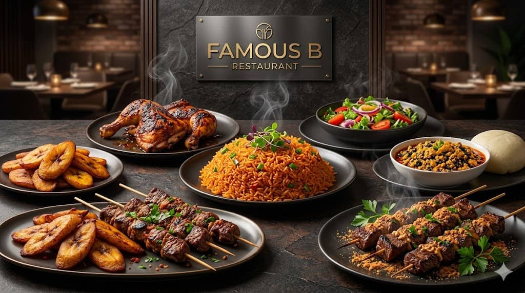 Nigerian food presentation at Famous B Restaurant